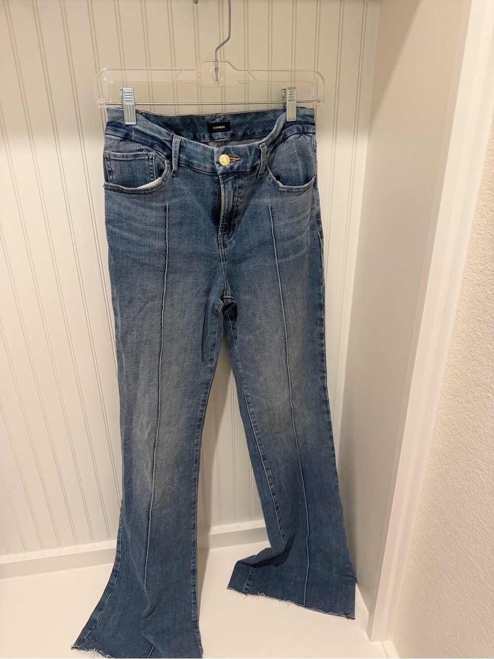 Express Denim Front-Seam Flare Jeans in Medium Blue